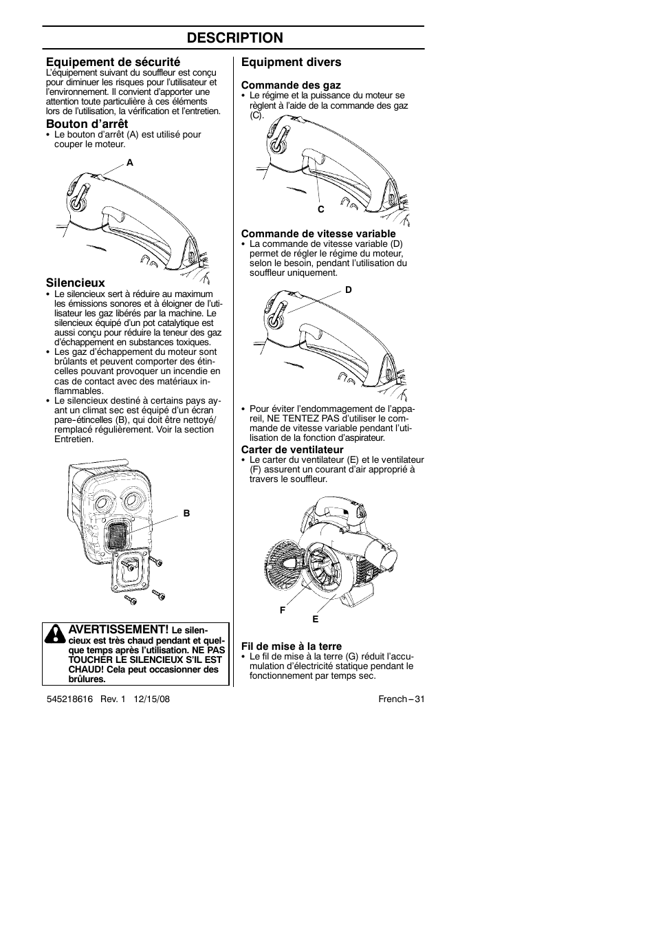 Description, Equipement de sécurité, Bouton d’arrêt | Silencieux, Avertissement, Equipment divers | RedMax HB280 User Manual | Page 31 / 76