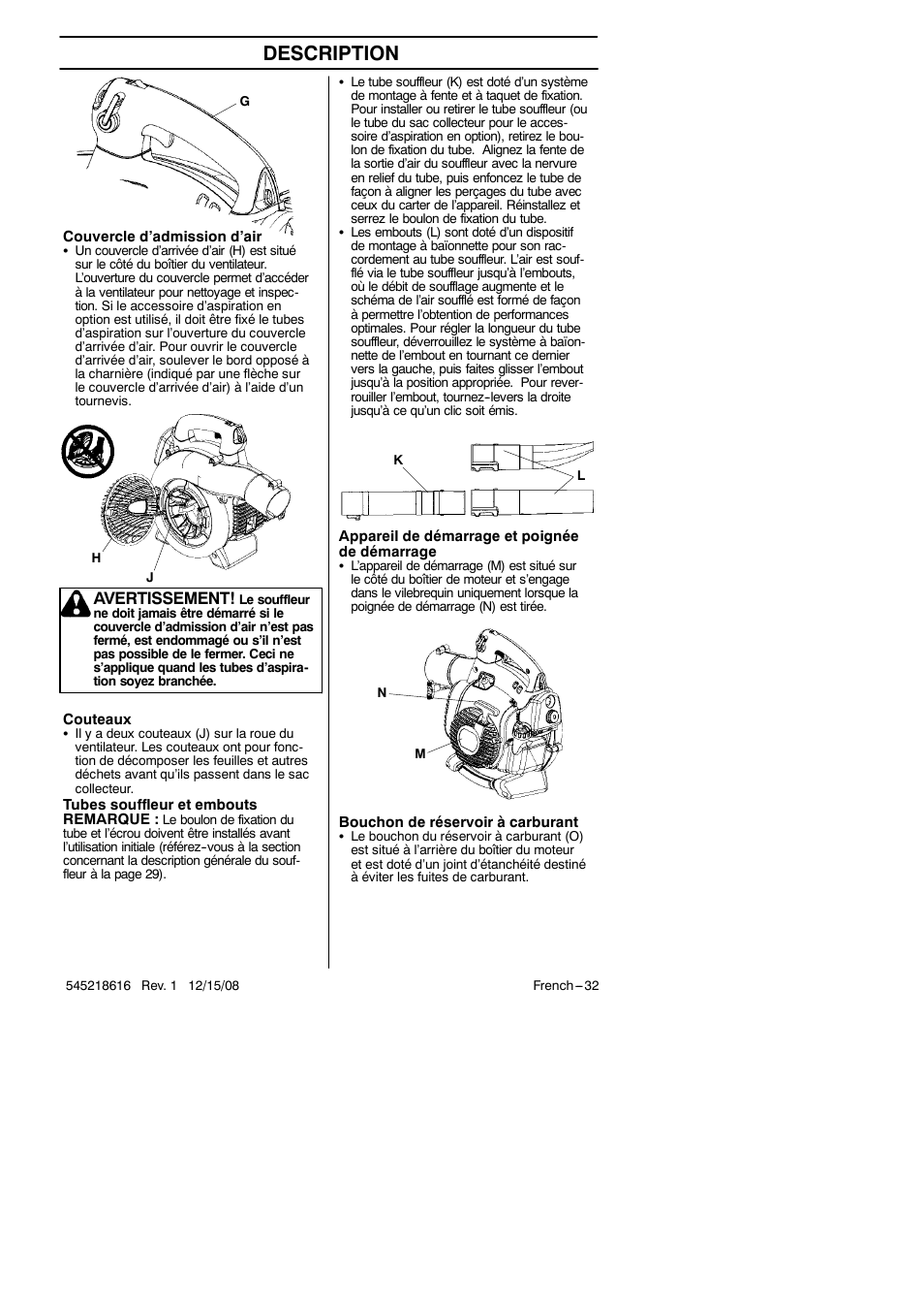 Description, Avertissement | RedMax HB280 User Manual | Page 32 / 76