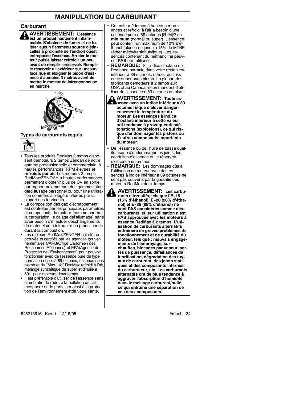 Manipulation du carburant, Carburant, Avertissement | RedMax HB280 User Manual | Page 34 / 76