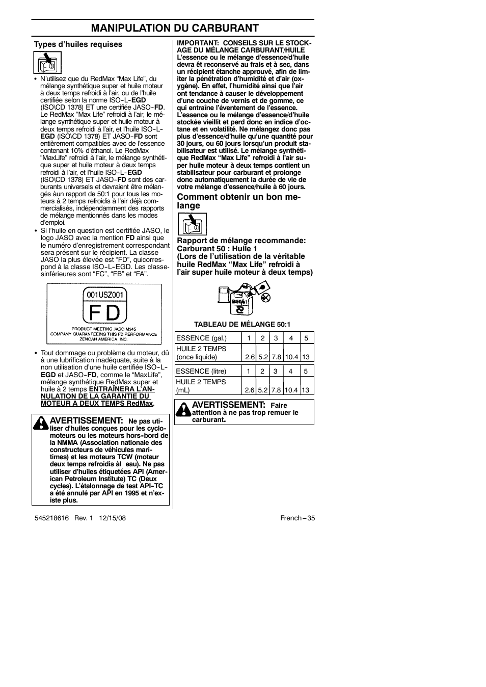 Manipulation du carburant, Comment obtenir un bon me- lange, Avertissement | RedMax HB280 User Manual | Page 35 / 76