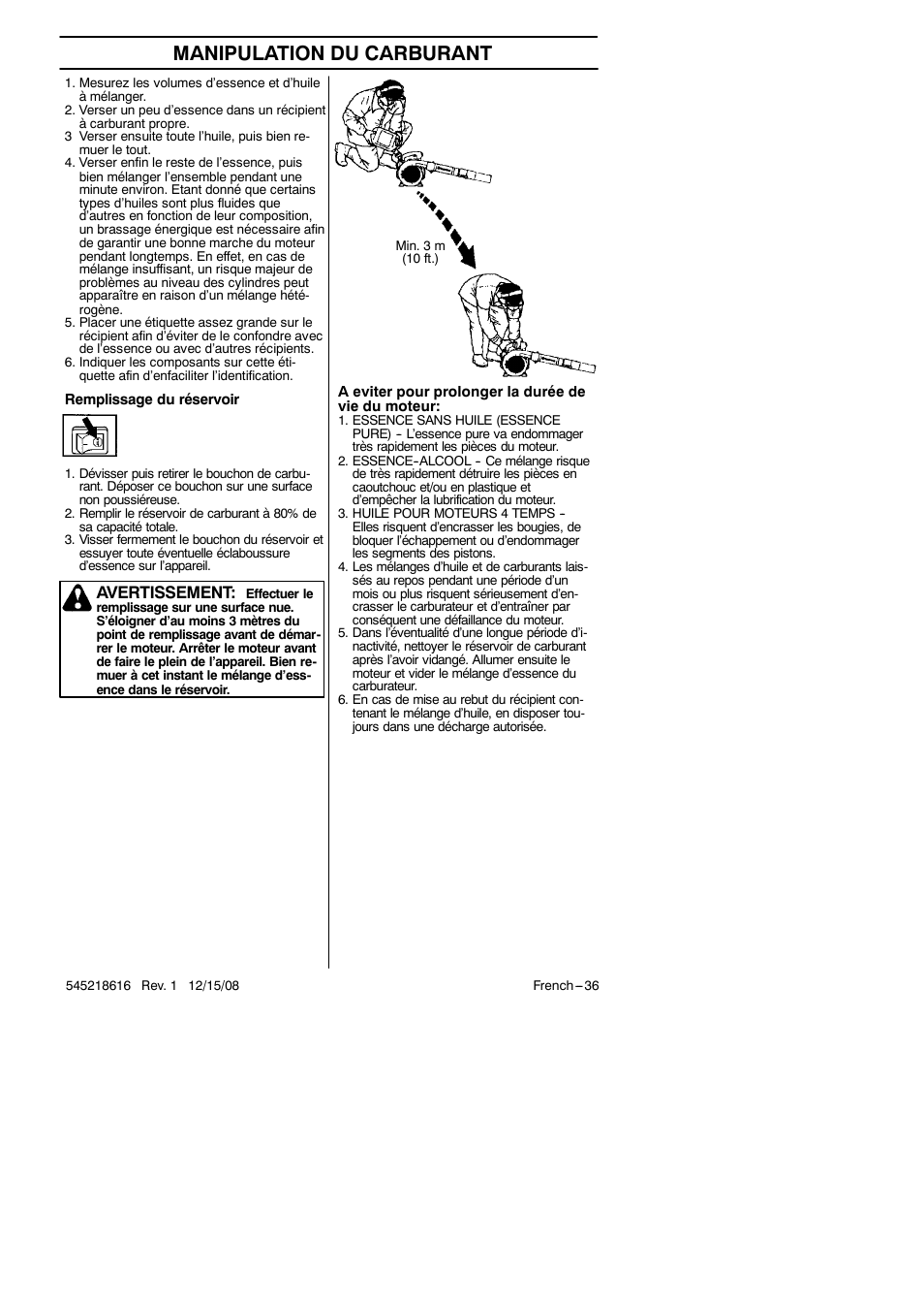 Manipulation du carburant, Avertissement | RedMax HB280 User Manual | Page 36 / 76