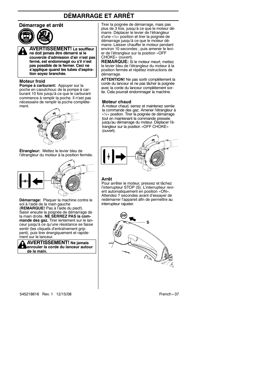 Démarrage et arrêt, Avertissement | RedMax HB280 User Manual | Page 37 / 76