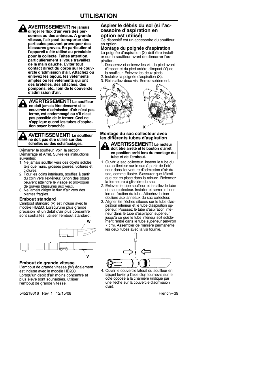 Utilisation, Avertissement | RedMax HB280 User Manual | Page 39 / 76