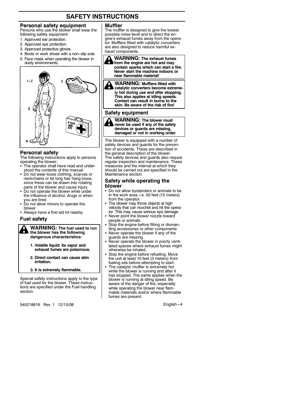 Safety instructions, Muffler, Safety equipment | Safety while operating the blower, Personal safety equipment, Personal safety, Fuel safety, Warning | RedMax HB280 User Manual | Page 4 / 76