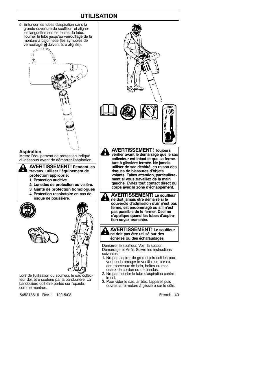 Utilisation, Avertissement | RedMax HB280 User Manual | Page 40 / 76