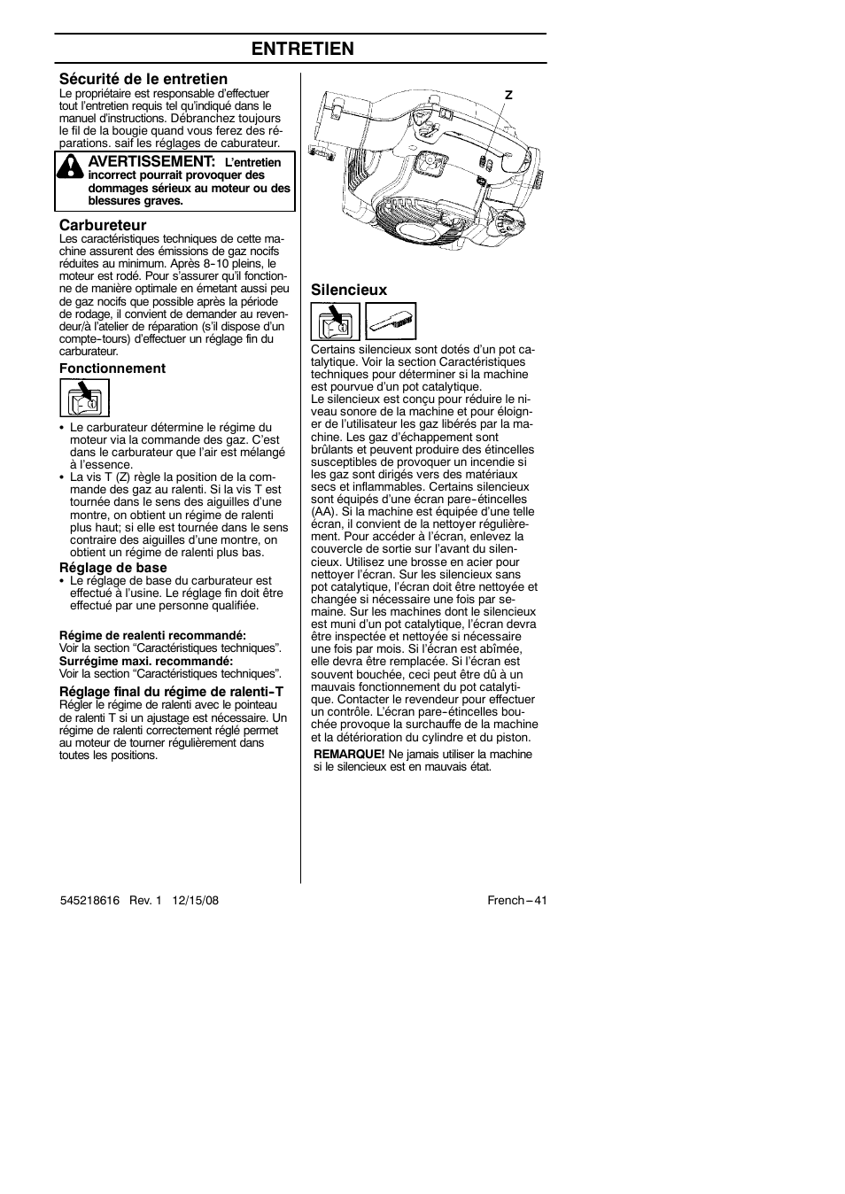Entretien, Silencieux, Carbureteur | Sécurité de le entretien, Avertissement | RedMax HB280 User Manual | Page 41 / 76