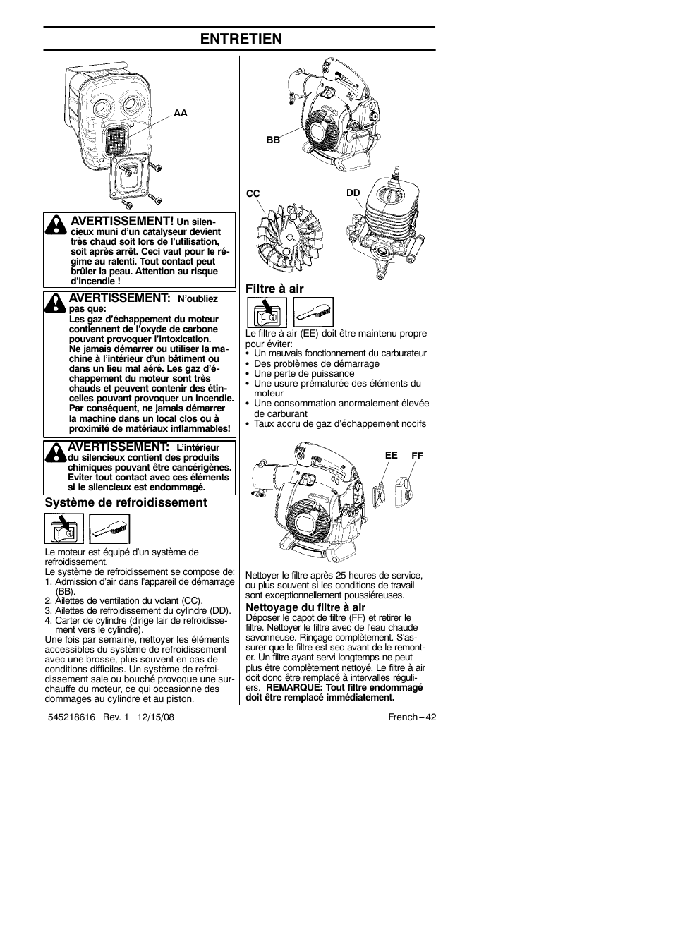 Entretien, Filtre à air, Système de refroidissement | Avertissement | RedMax HB280 User Manual | Page 42 / 76