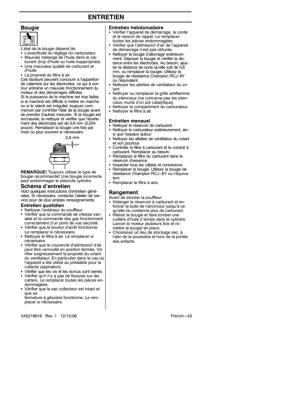 Entretien, Bougie, Schéma d’entretien | Rangement | RedMax HB280 User Manual | Page 43 / 76