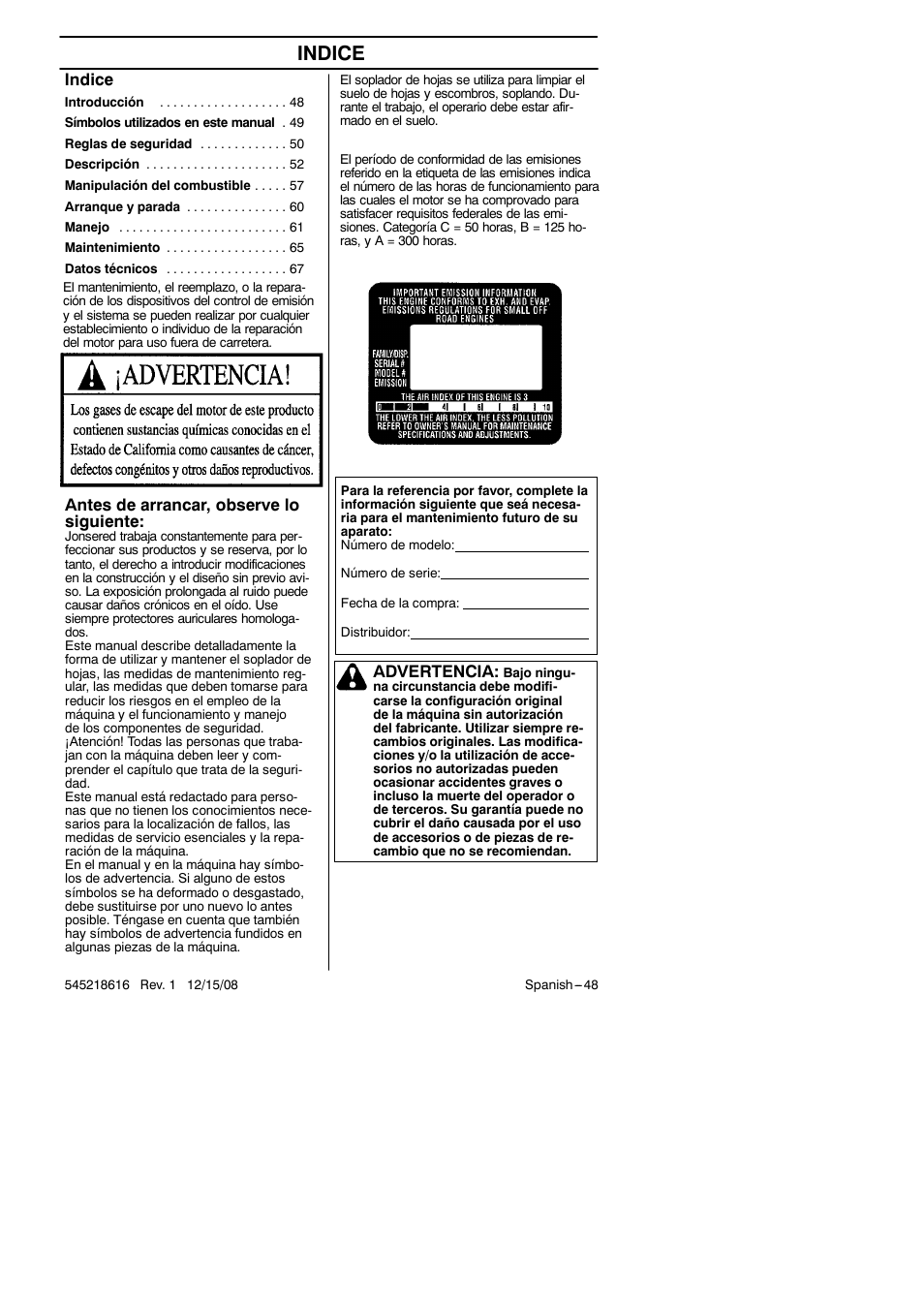 Indice, Antes de arrancar, observe lo siguiente, Advertencia | RedMax HB280 User Manual | Page 48 / 76