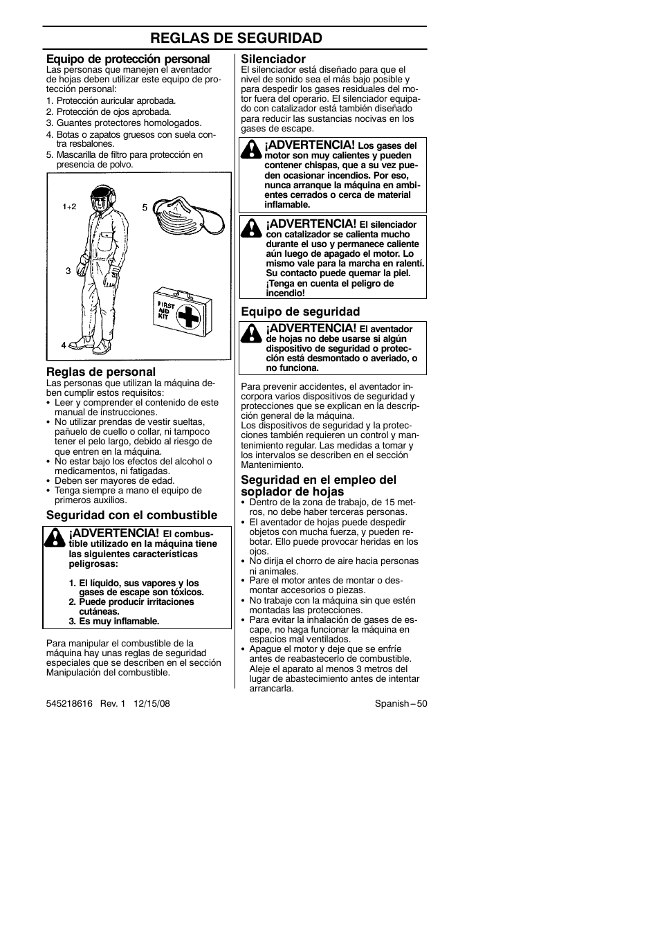 Reglas de seguridad, Silenciador, Equipo de seguridad | Seguridad en el empleo del soplador de hojas, Equipo de protección personal, Reglas de personal, Seguridad con el combustible, Advertencia | RedMax HB280 User Manual | Page 50 / 76