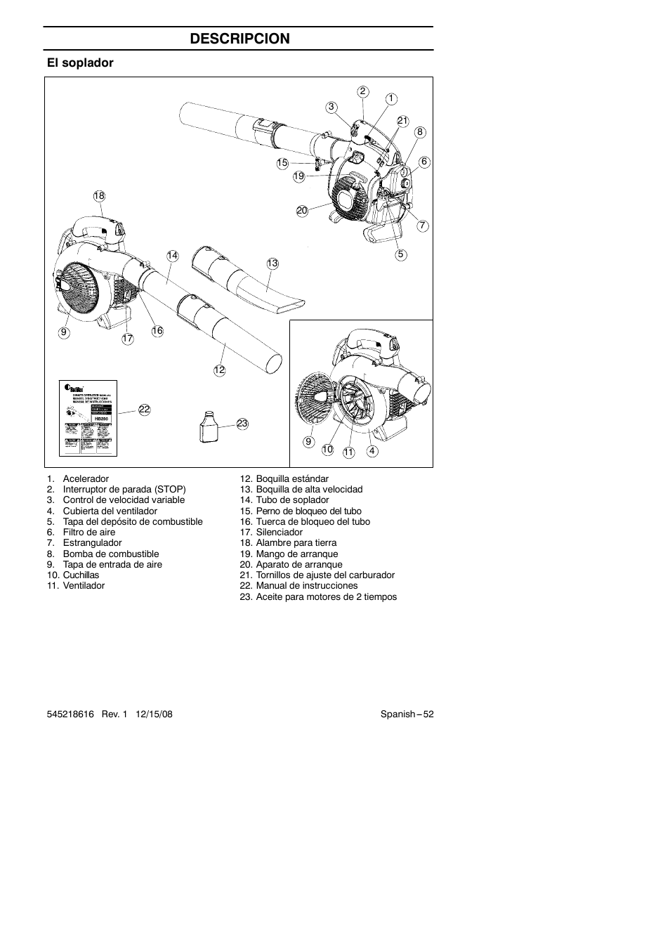 Descripcion, El soplador | RedMax HB280 User Manual | Page 52 / 76