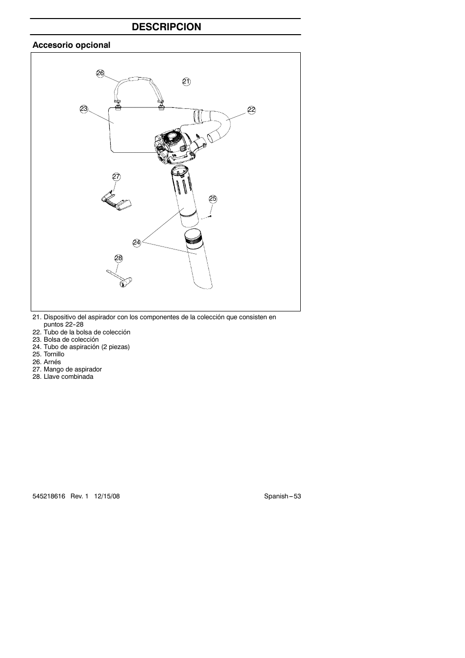 Descripcion, Accesorio opcional | RedMax HB280 User Manual | Page 53 / 76