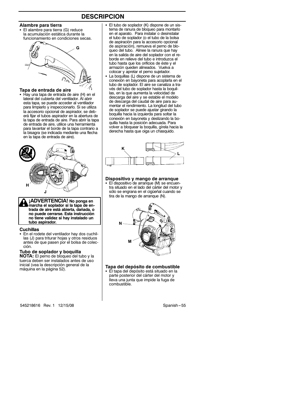 Descripcion, Advertencia | RedMax HB280 User Manual | Page 55 / 76