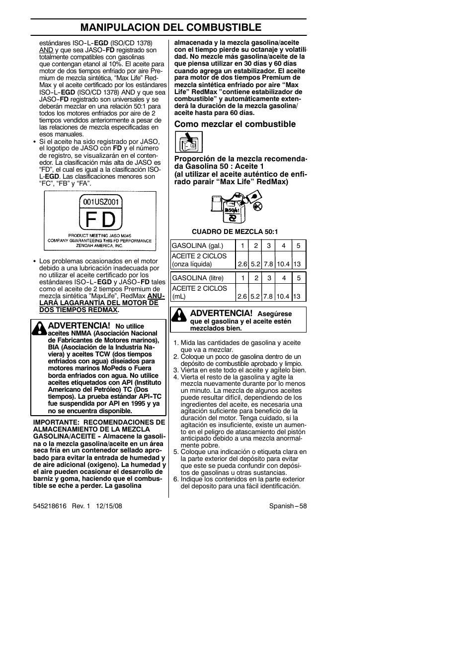 Manipulacion del combustible, Como mezclar el combustible, Advertencia | RedMax HB280 User Manual | Page 58 / 76