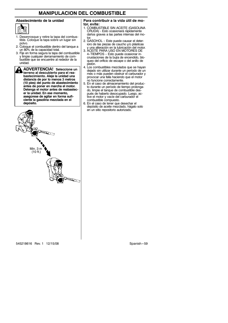 Manipulacion del combustible, Advertencia | RedMax HB280 User Manual | Page 59 / 76