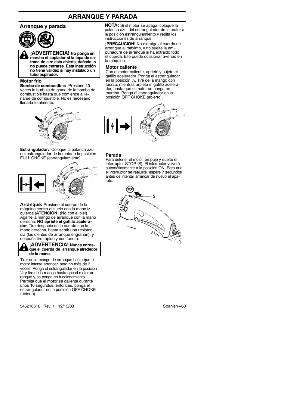 Arranque y parada, Advertencia | RedMax HB280 User Manual | Page 60 / 76
