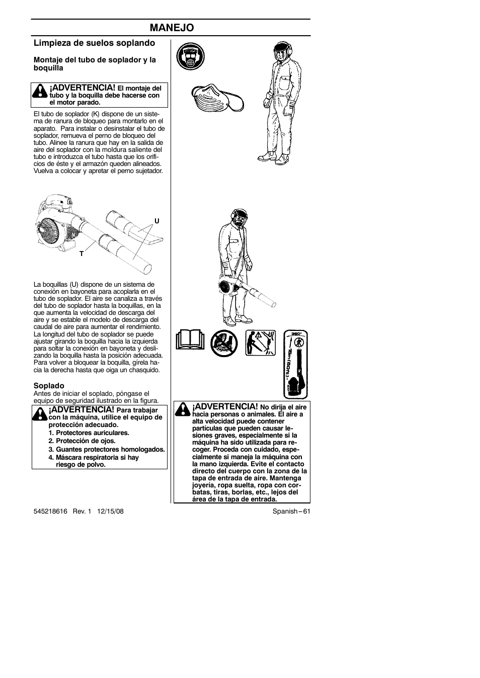 Manejo, Limpieza de suelos soplando, Advertencia | RedMax HB280 User Manual | Page 61 / 76
