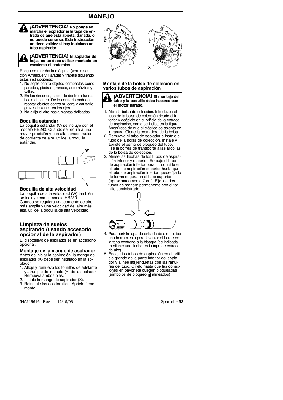 Manejo, Advertencia | RedMax HB280 User Manual | Page 62 / 76