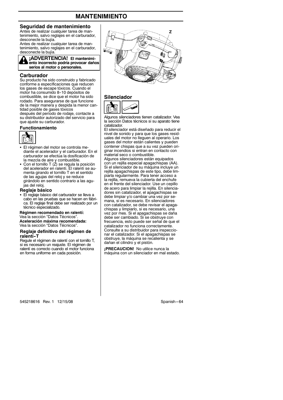 Mantenimiento, Silenciador, Carburador | Seguridad de mantenimiento, Advertencia | RedMax HB280 User Manual | Page 64 / 76