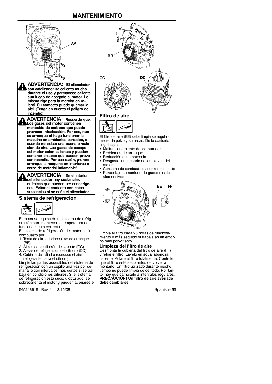 Mantenimiento, Filtro de aire, Sistema de refrigeración | Advertencia | RedMax HB280 User Manual | Page 65 / 76