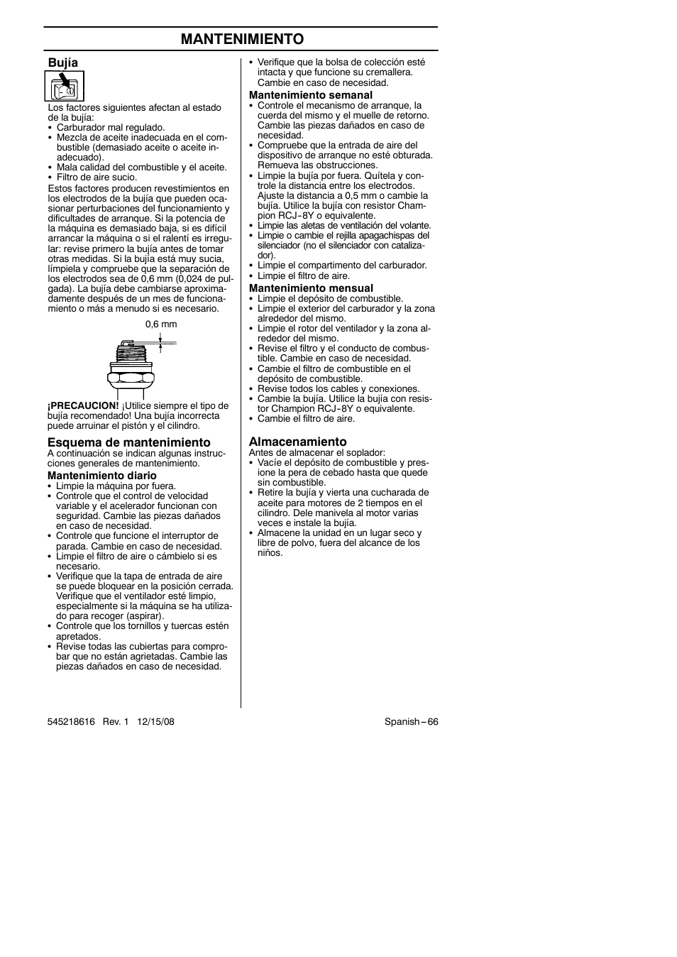 Mantenimiento, Bujía, Esquema de mantenimiento | Almacenamiento | RedMax HB280 User Manual | Page 66 / 76