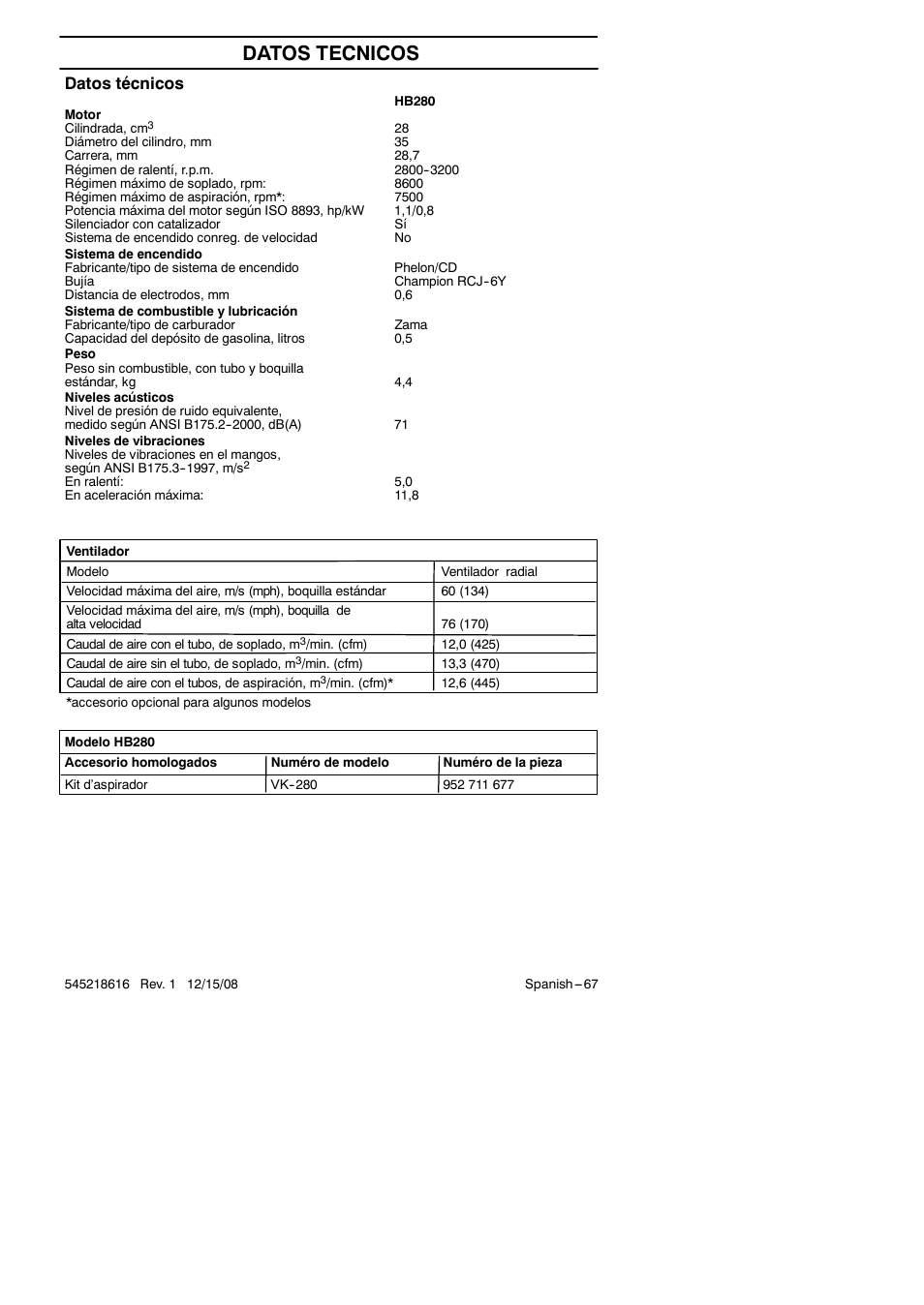 Datos tecnicos, Datos técnicos | RedMax HB280 User Manual | Page 67 / 76