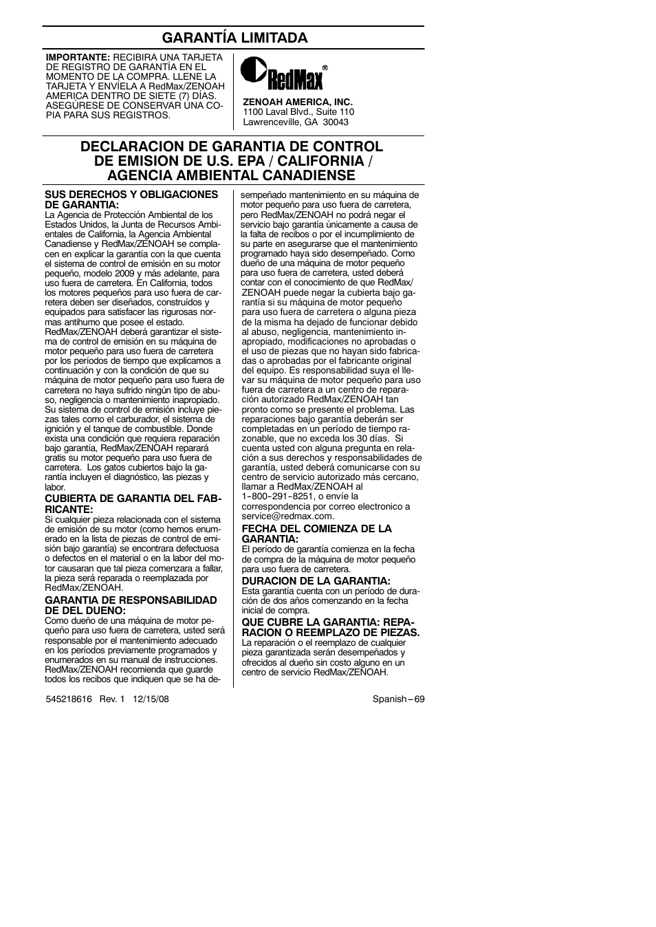 Garantía limitada | RedMax HB280 User Manual | Page 69 / 76