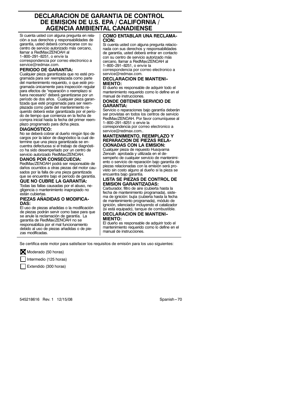 RedMax HB280 User Manual | Page 70 / 76