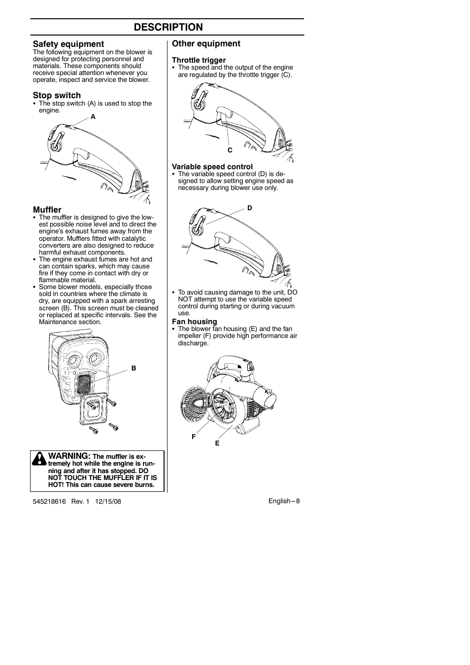 Description, Safety equipment, Stop switch | Muffler, Warning, Other equipment | RedMax HB280 User Manual | Page 8 / 76