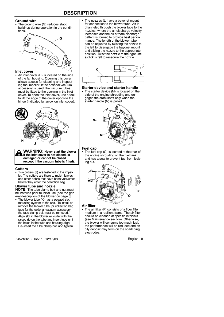 Description, Warning | RedMax HB280 User Manual | Page 9 / 76