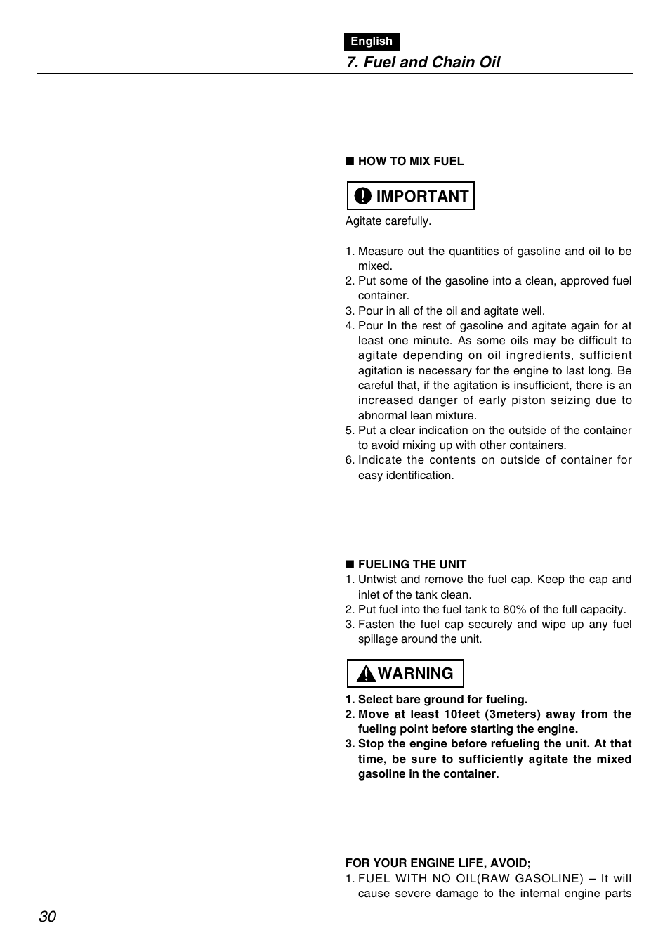 Warning important 7. fuel and chain oil | RedMax PSZ2401 User Manual | Page 30 / 64