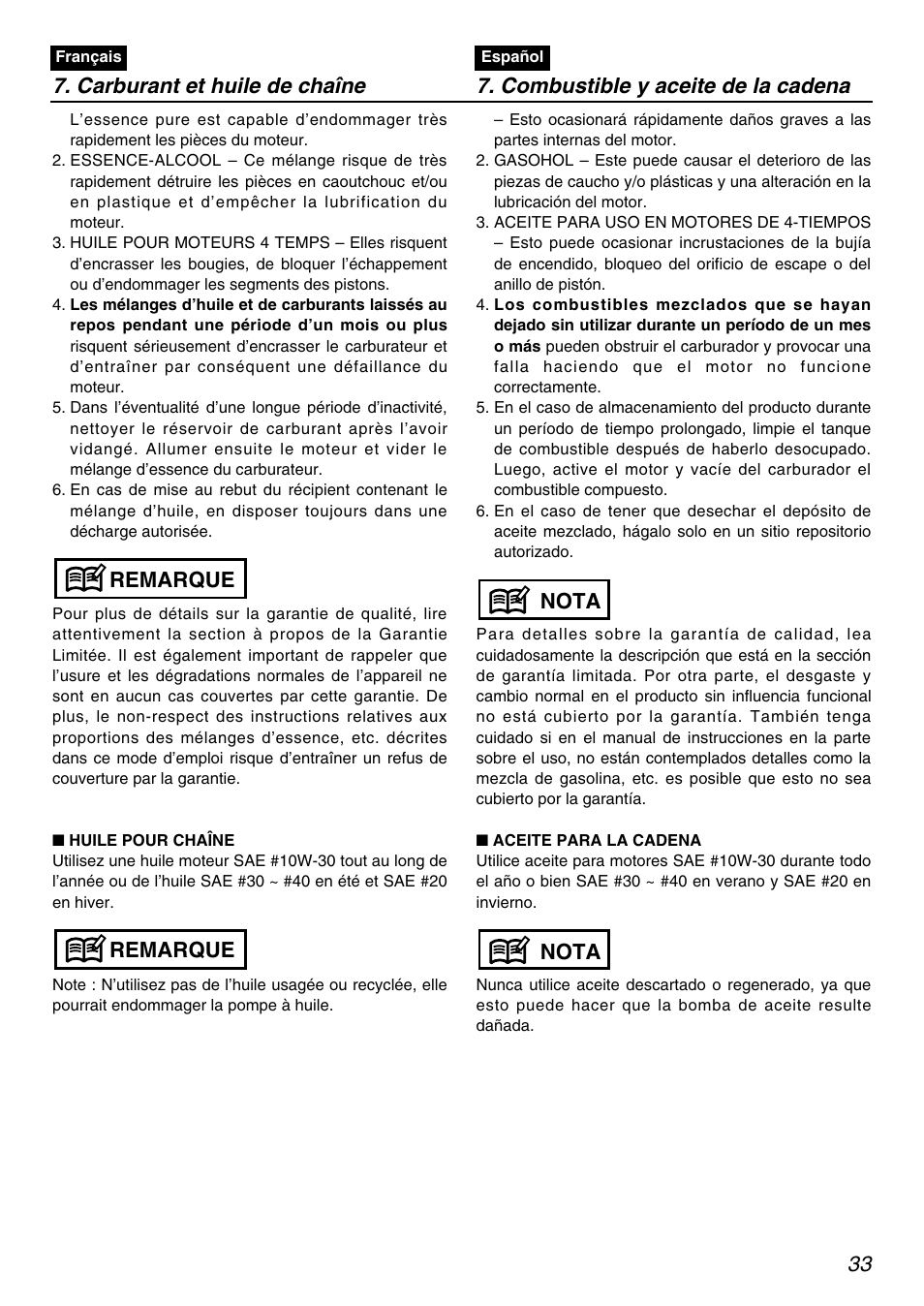 Remarque, Nota | RedMax PSZ2401 User Manual | Page 33 / 64