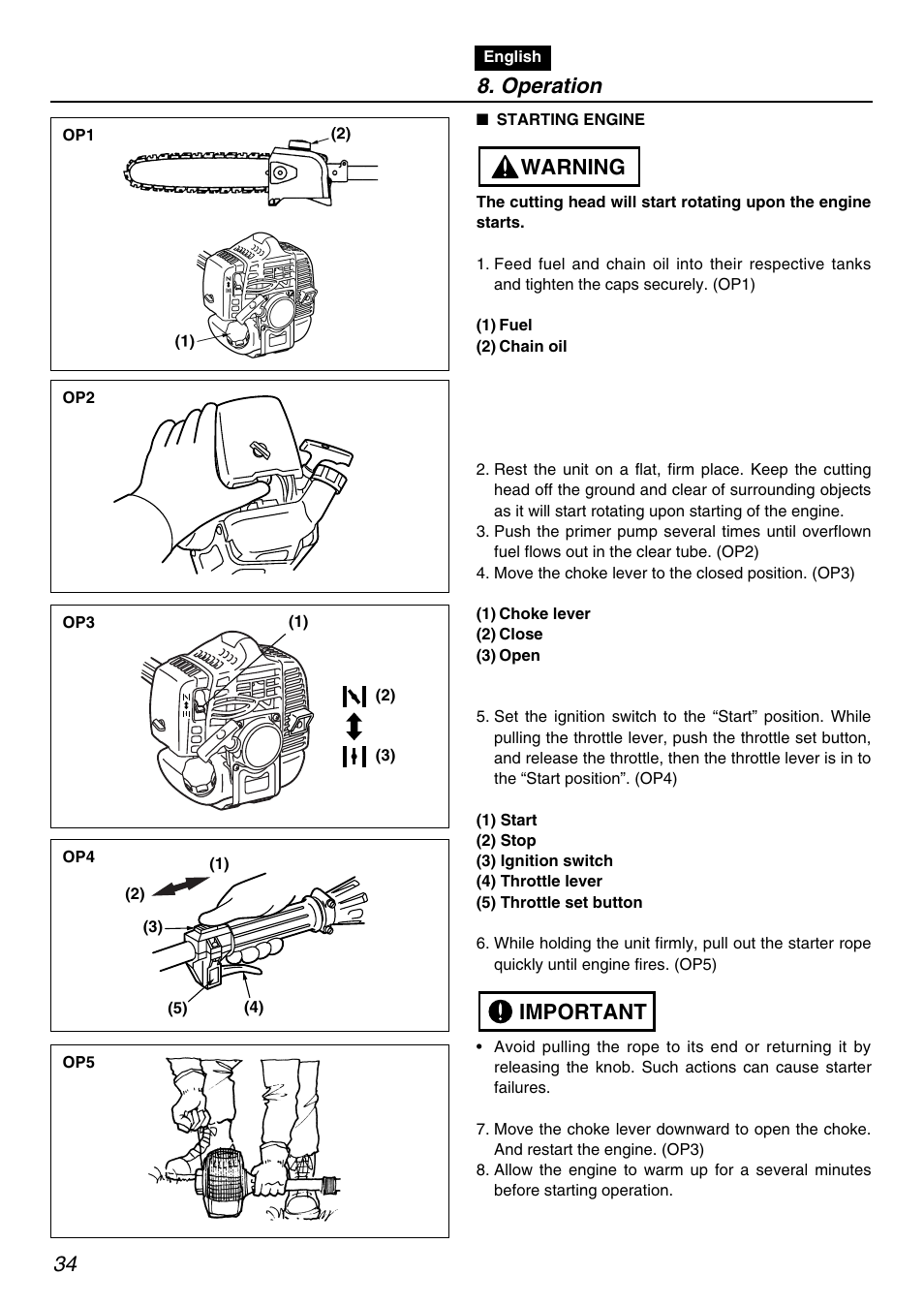 Important warning, Operation | RedMax PSZ2401 User Manual | Page 34 / 64