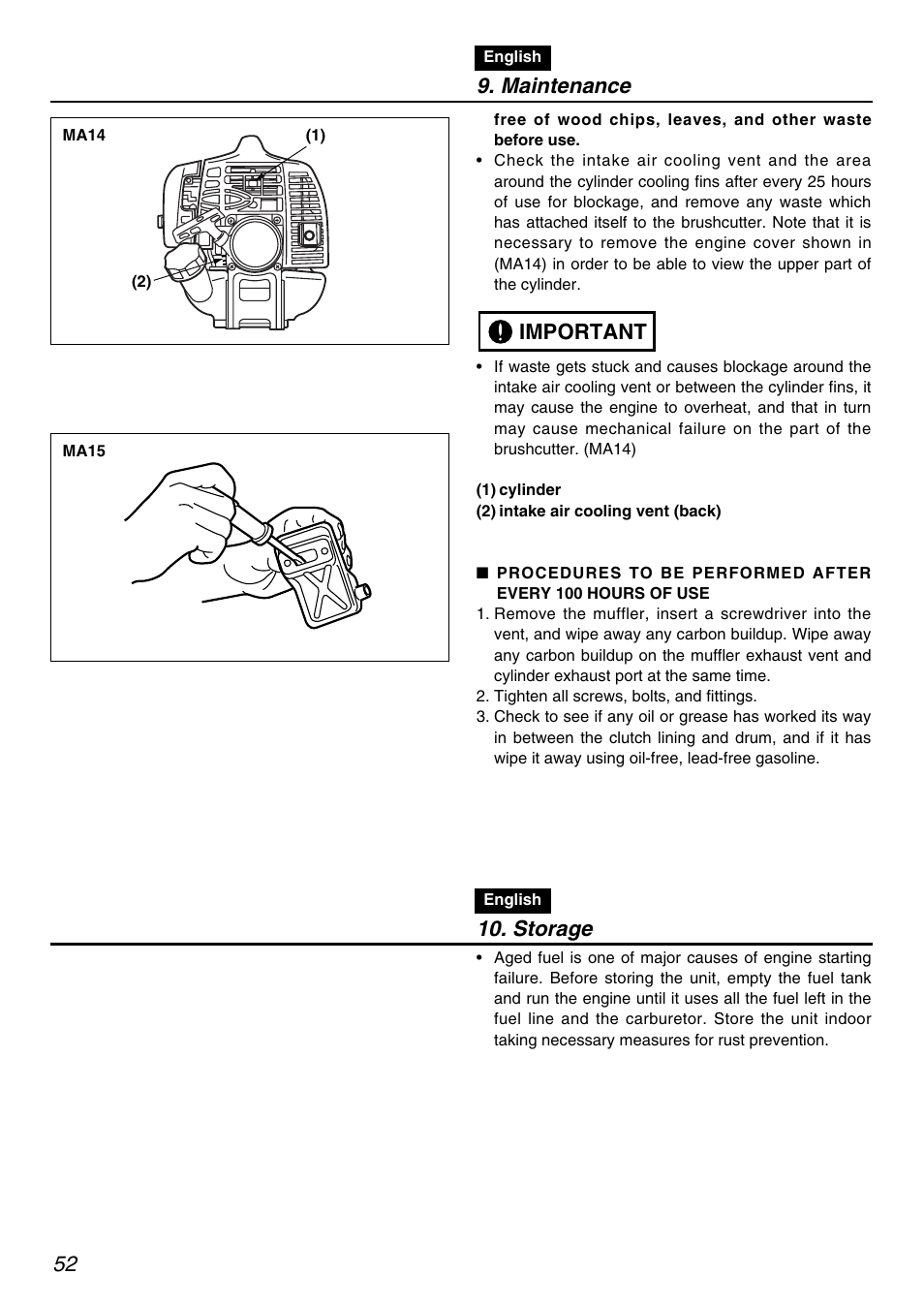 Important, Storage, Maintenance | RedMax PSZ2401 User Manual | Page 52 / 64
