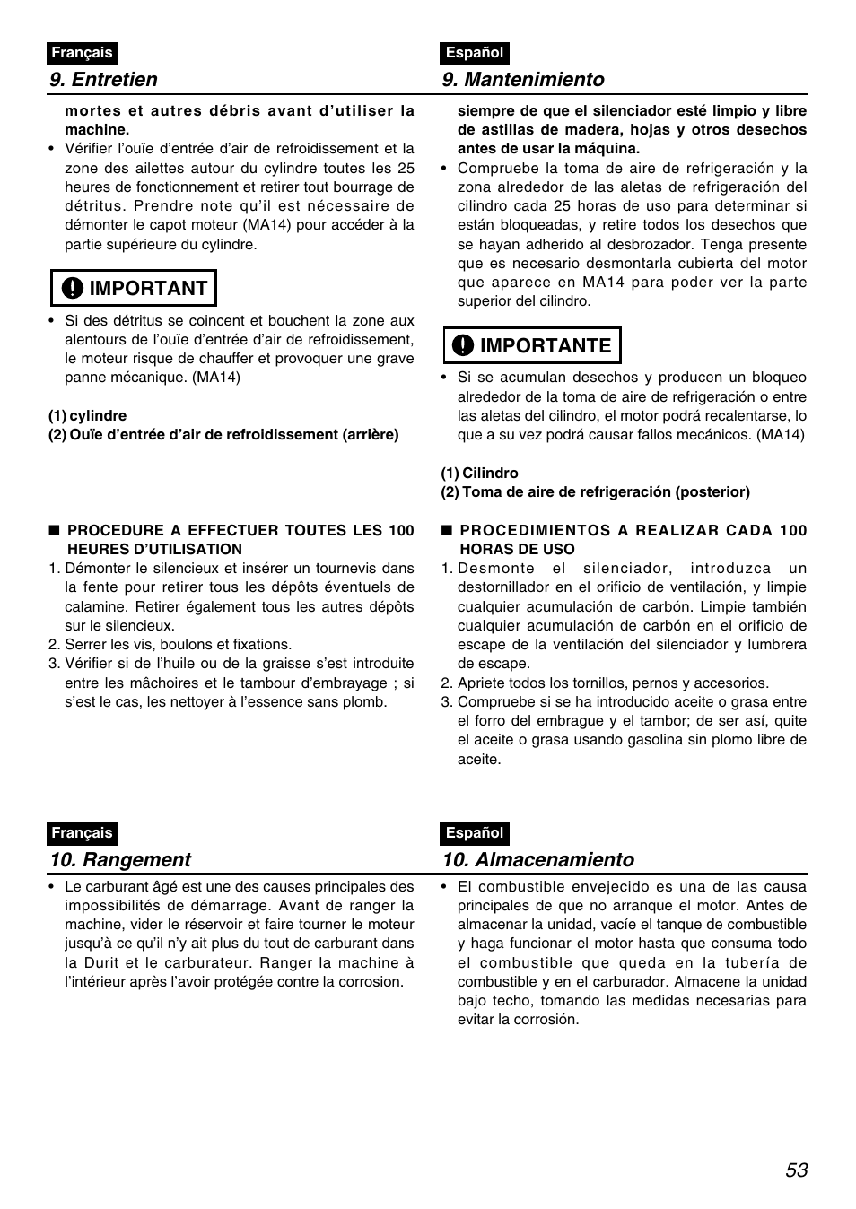 Important, Importante, Rangement 10. almacenamiento | Entretien 9. mantenimiento | RedMax PSZ2401 User Manual | Page 53 / 64