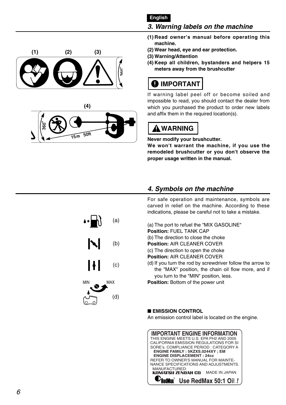 Warning labels on the machine, Warning important 4. symbols on the machine | RedMax PSZ2401 User Manual | Page 6 / 64