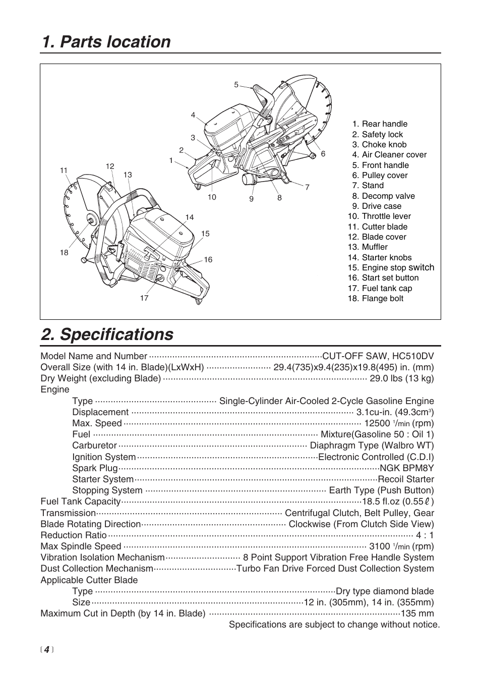 Specifications, Parts location | RedMax HC510DV User Manual | Page 4 / 44