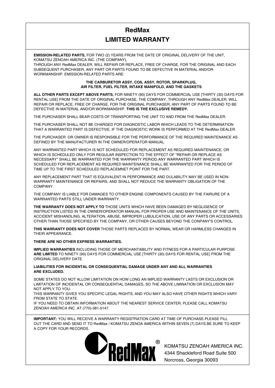 Redmax limited warranty | RedMax HC510DV User Manual | Page 43 / 44