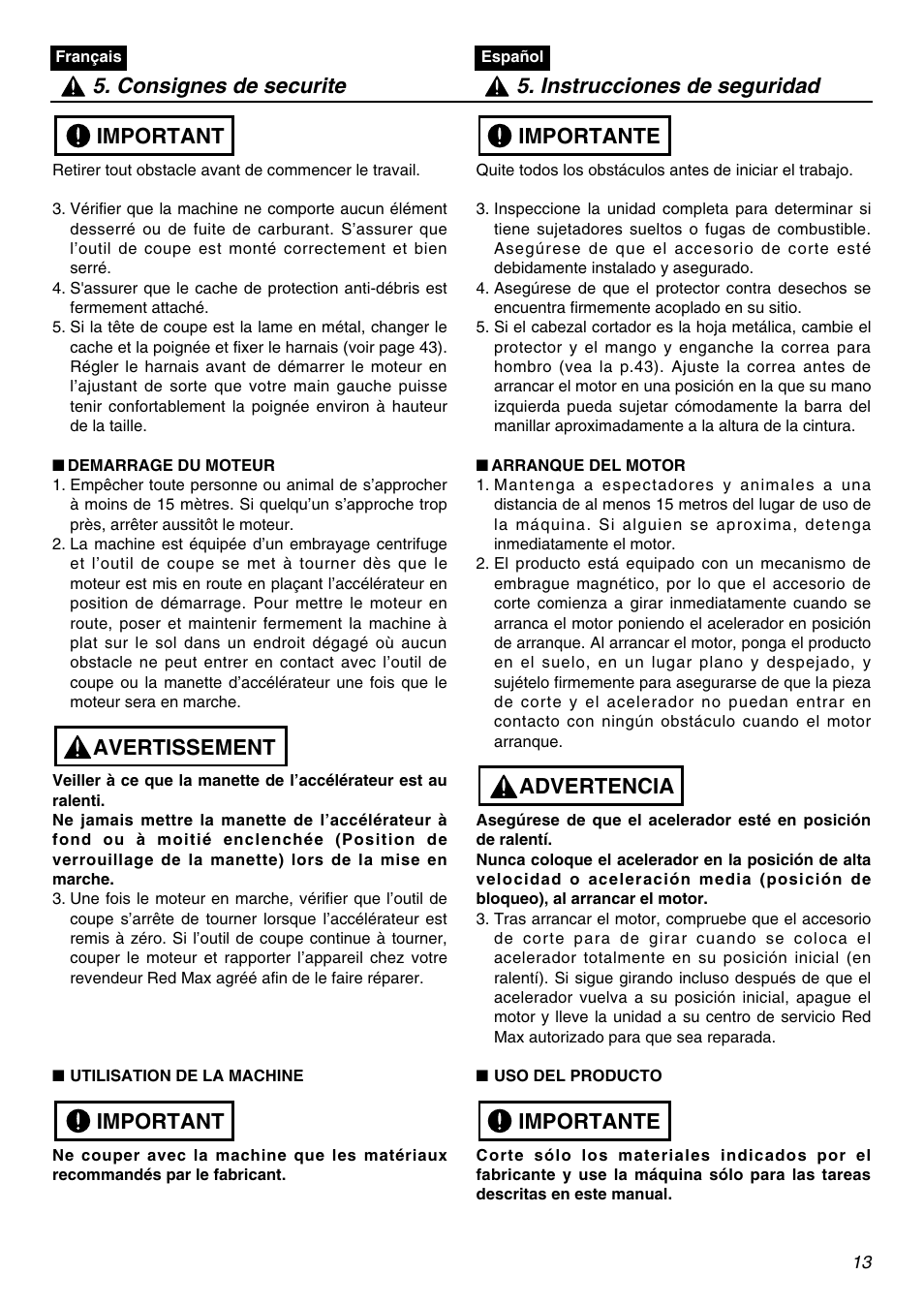 Important avertissement important | RedMax HE250F User Manual | Page 13 / 52