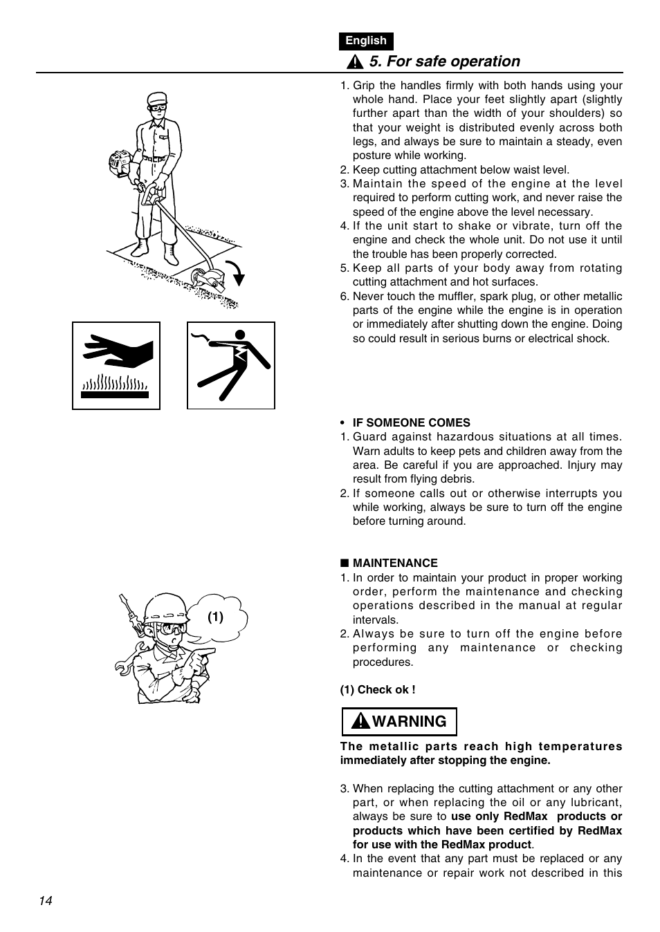 Warning 5. for safe operation | RedMax HE250F User Manual | Page 14 / 52