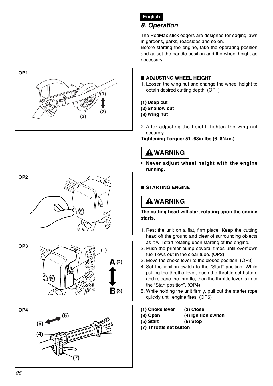 Operation, Warning | RedMax HE250F User Manual | Page 26 / 52