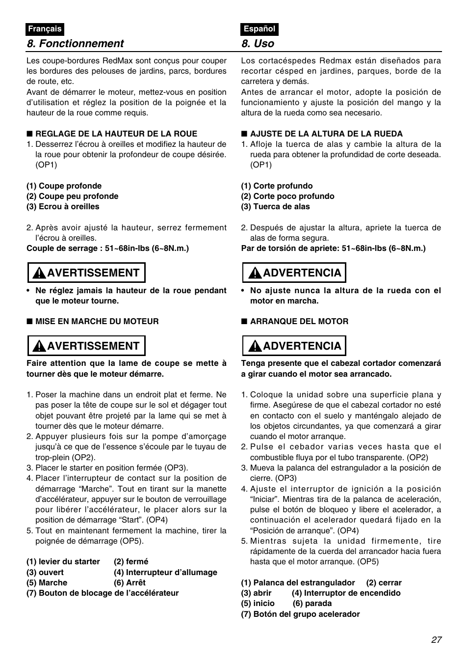 Fonctionnement 8. uso, Avertissement, Advertencia | RedMax HE250F User Manual | Page 27 / 52