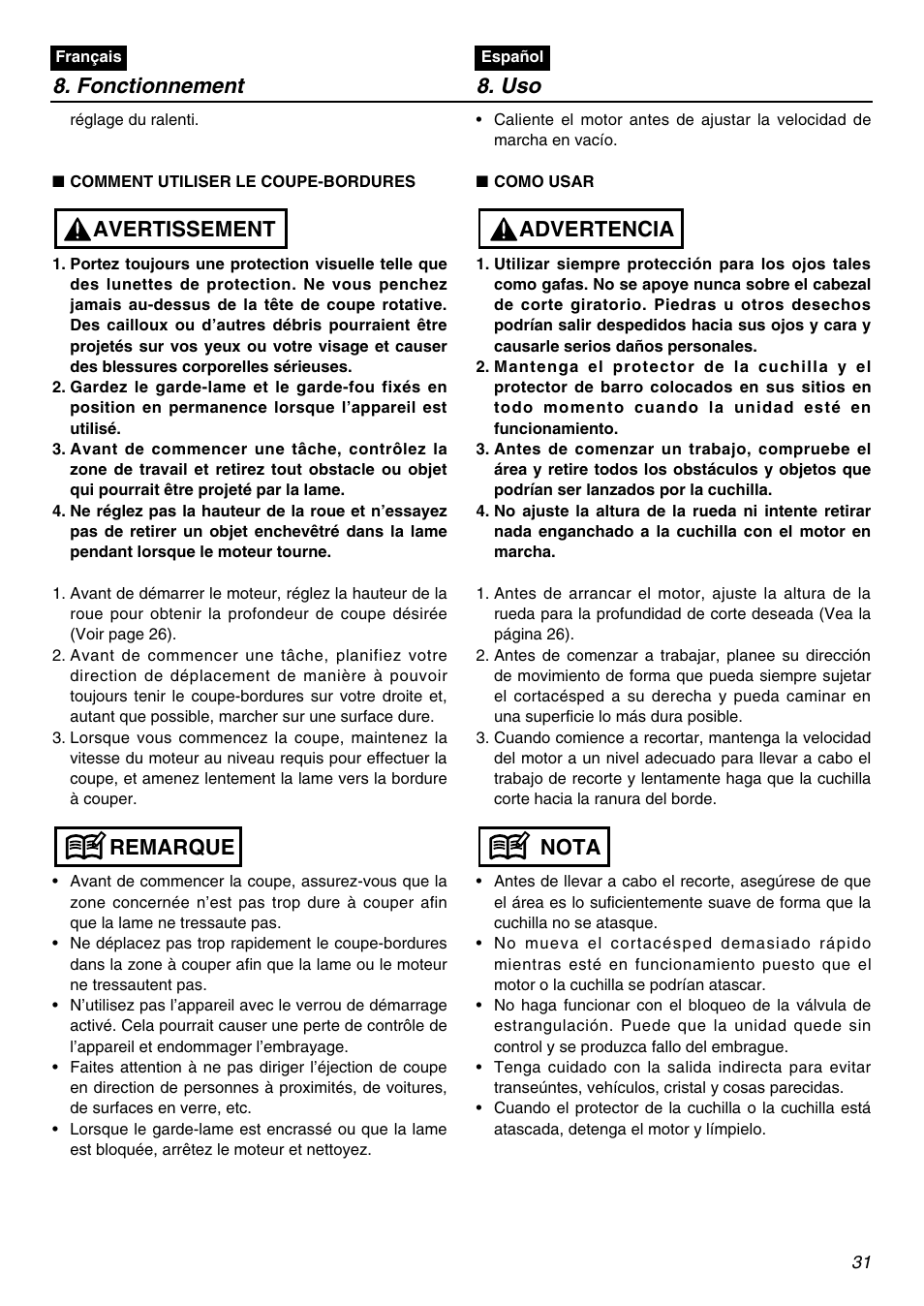 Fonctionnement 8. uso, Nota advertencia, Remarque avertissement | RedMax HE250F User Manual | Page 31 / 52