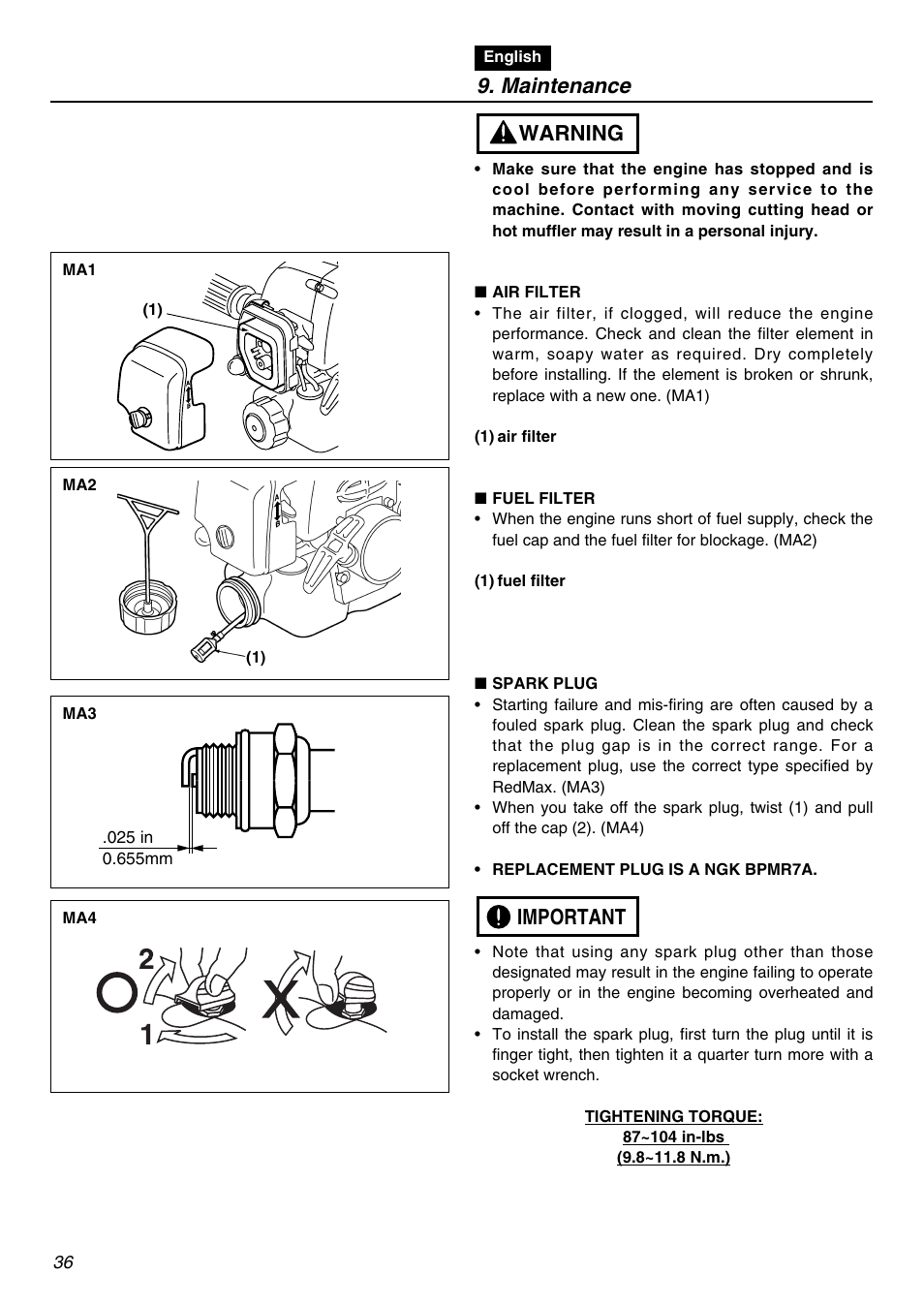 Maintenance, Important warning | RedMax HE250F User Manual | Page 36 / 52
