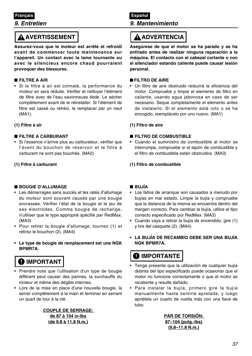 Entretien 9. mantenimiento, Important avertissement, Importante advertencia | RedMax HE250F User Manual | Page 37 / 52