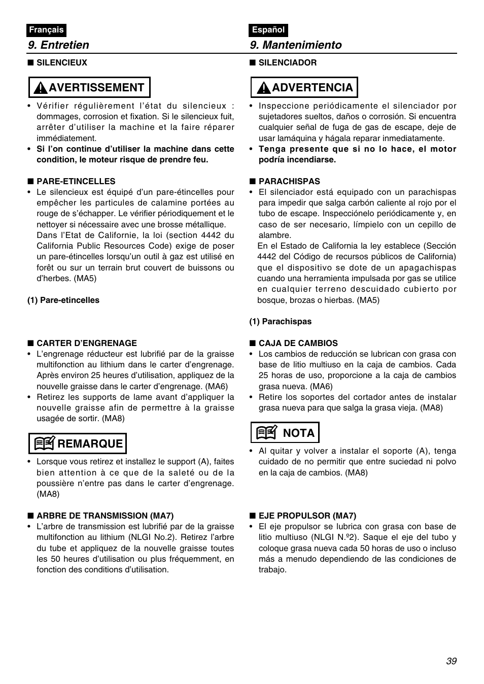 Entretien 9. mantenimiento, Remarque avertissement, Nota advertencia | RedMax HE250F User Manual | Page 39 / 52