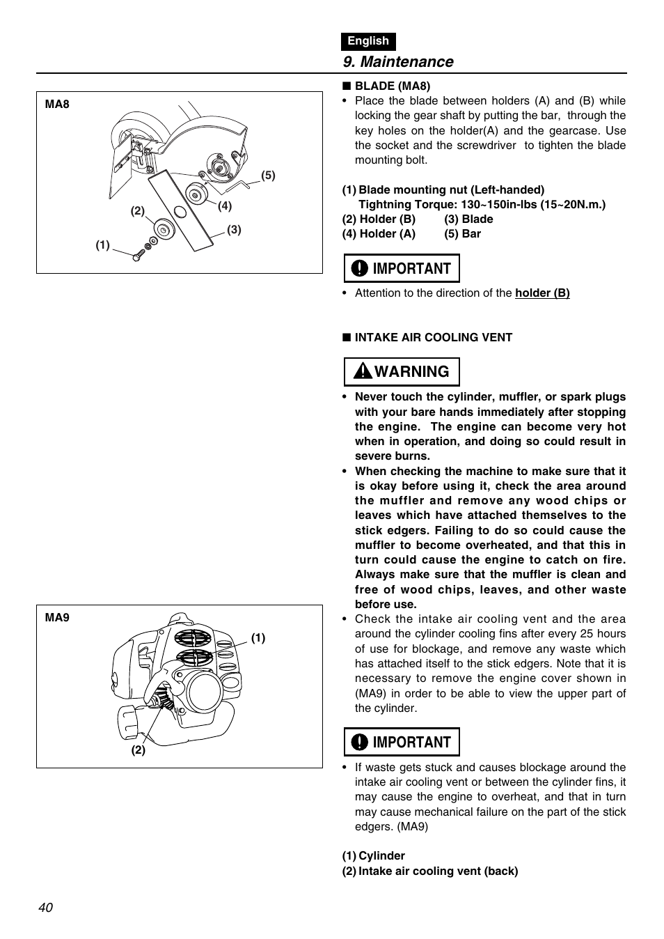 Maintenance, Important warning important | RedMax HE250F User Manual | Page 40 / 52