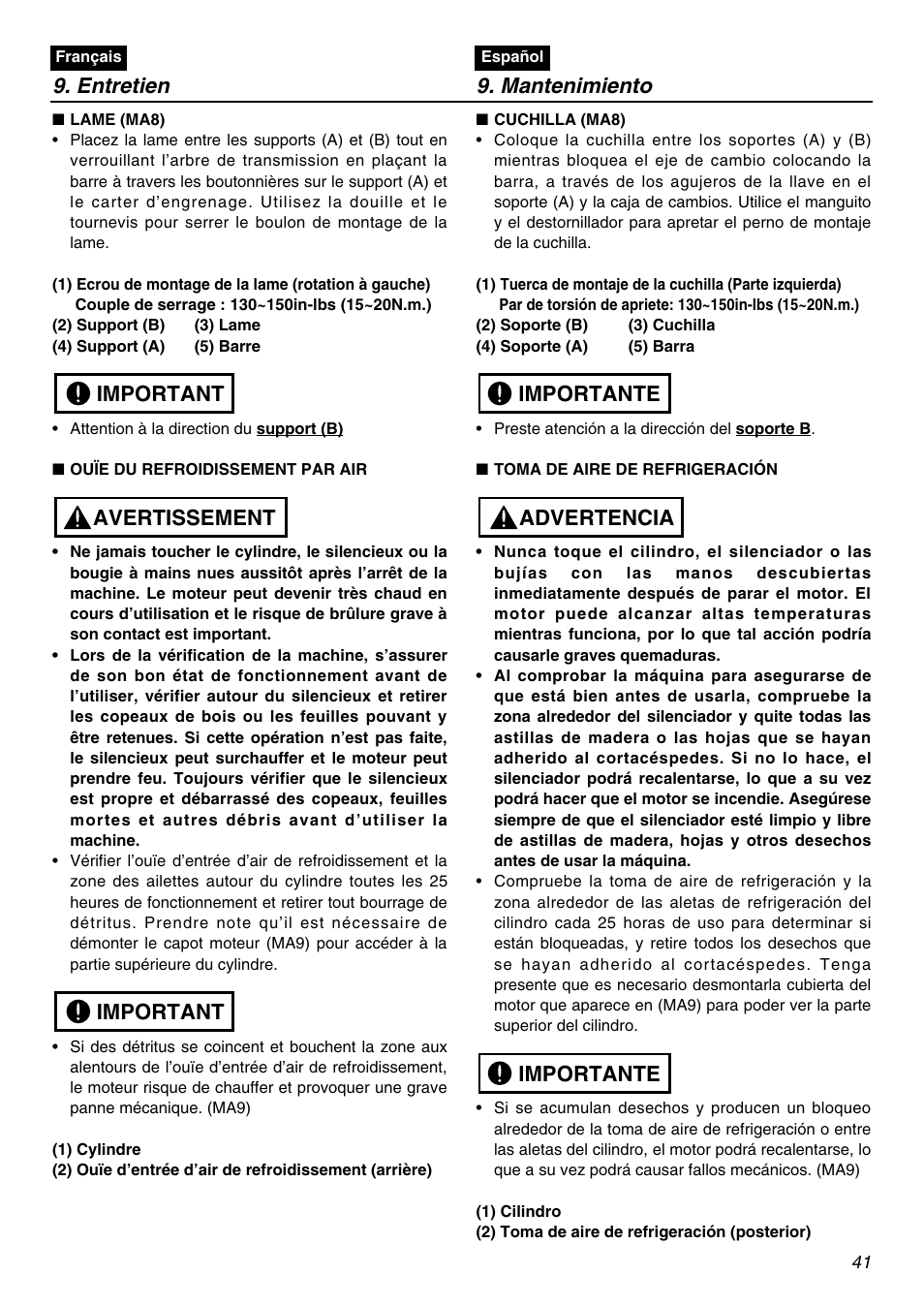 Entretien 9. mantenimiento, Important avertissement important, Importante advertencia importante | RedMax HE250F User Manual | Page 41 / 52