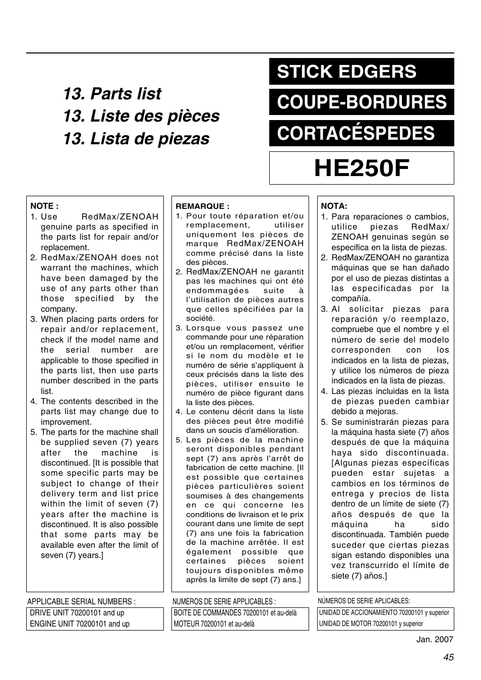 He250f, Coupe-bordures cortacéspedes, Stick edgers | RedMax HE250F User Manual | Page 45 / 52