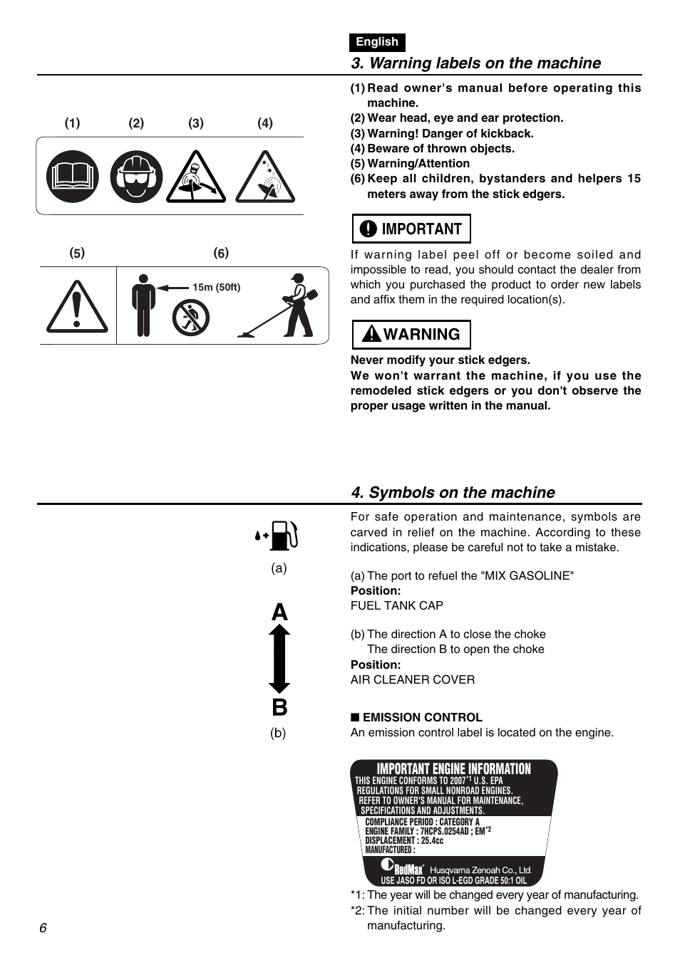 Warning labels on the machine, Warning important, Symbols on the machine | Important engine information | RedMax HE250F User Manual | Page 6 / 52
